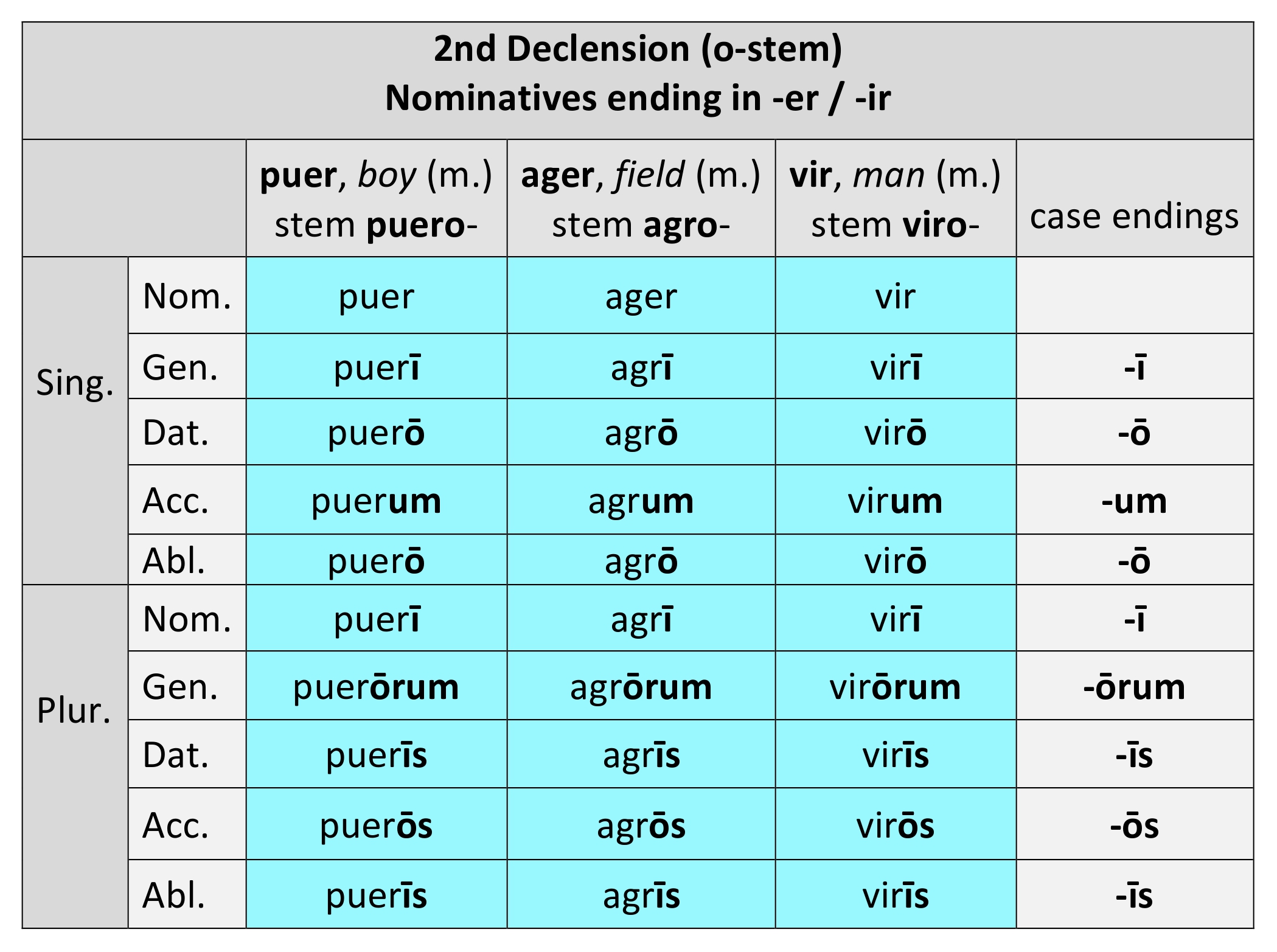 Paradigm for nouns of the 2nd declension in -er and -ir are