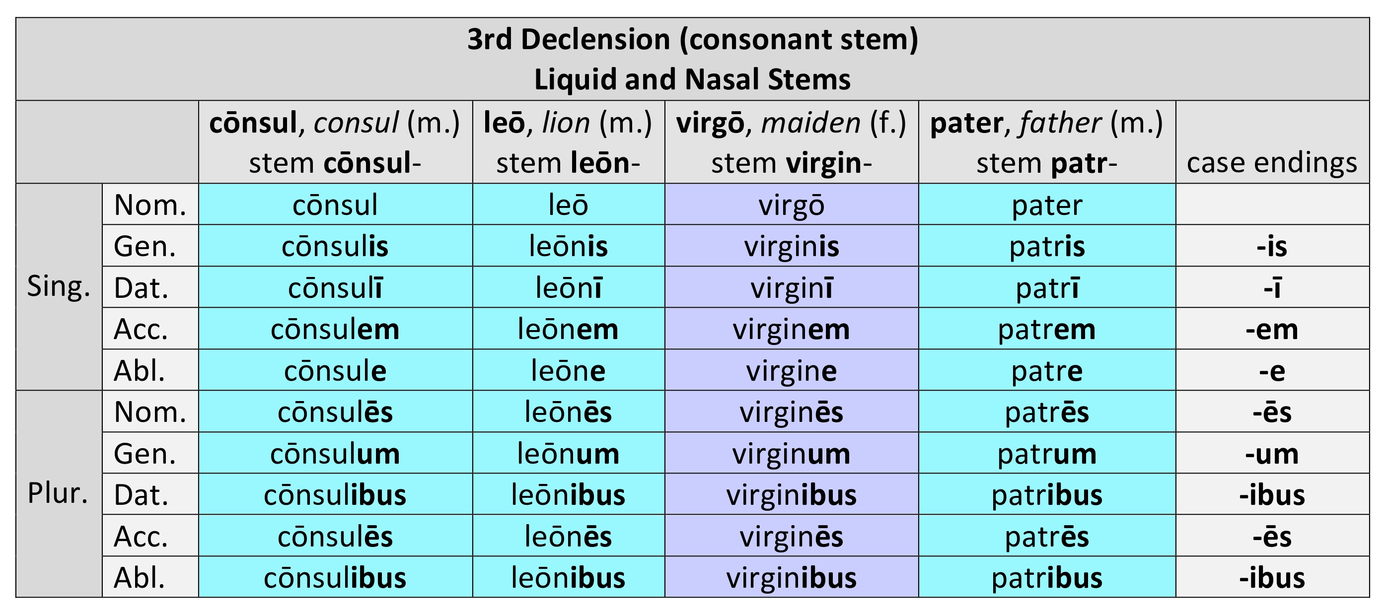 Paradigm for 3rd Declension masculine and feminine liquid and nasal stem nouns