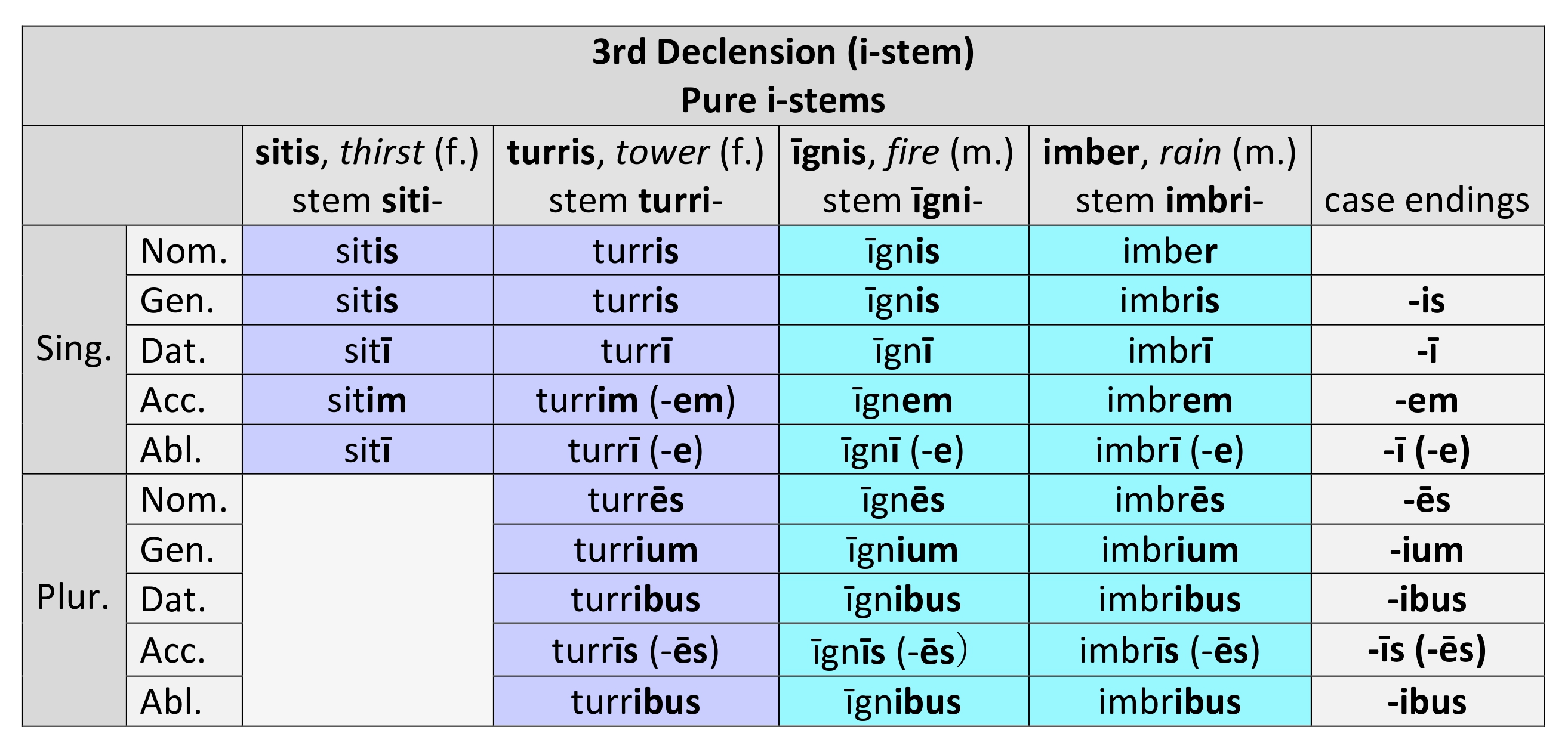Paradigm for 3rd declension masculine and feminine pure i-stem nouns