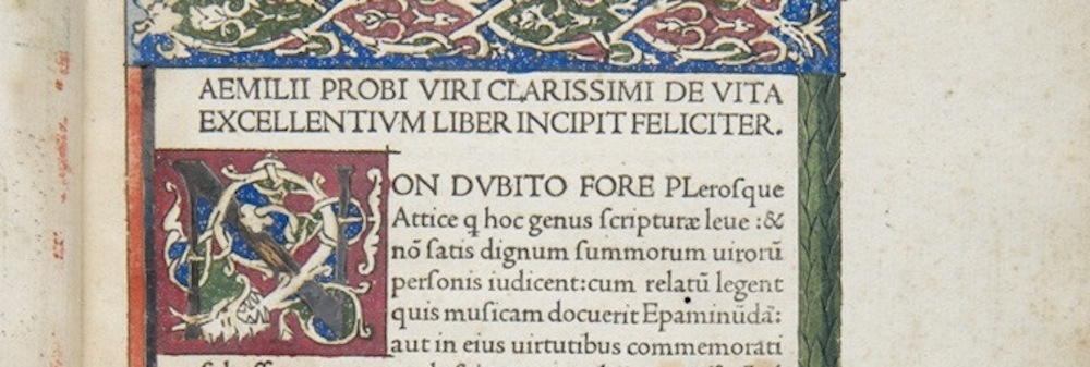 Cornelius Nepos: Vitae imperatorum, sive De vita illustrium virorum. Venice: Nicolaus Jenson, 8 Mar. 1471. Opening page of main text