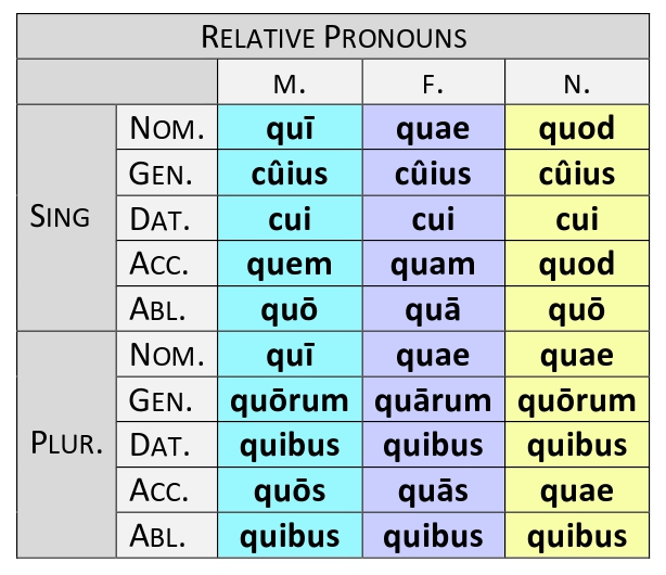 Paradigm of the relative pronoun qui