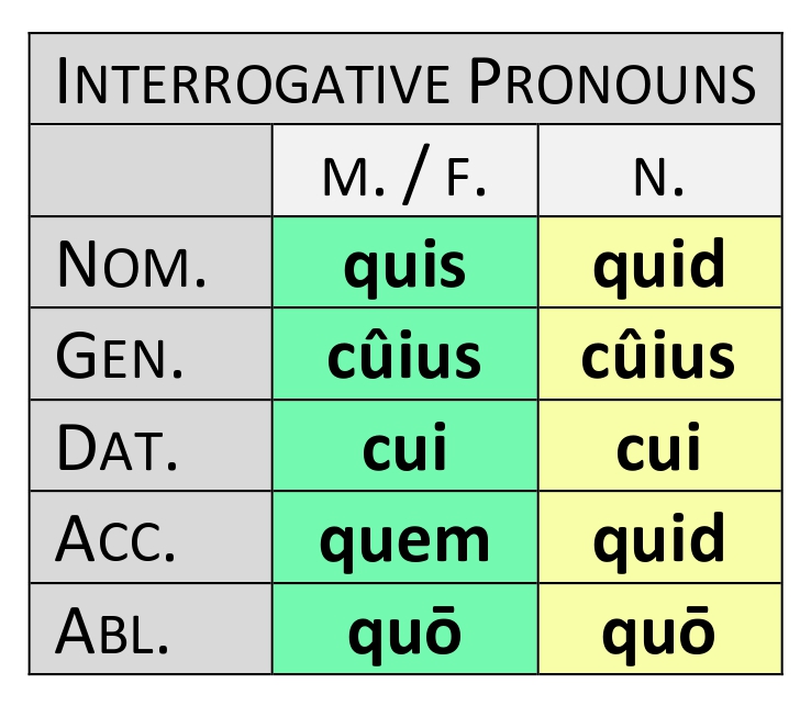 Paradigm of interrogative pronouns quis, quid