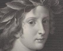 young woman's face, laurel wreath on her hear