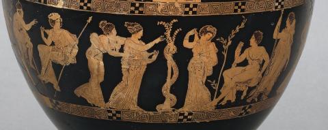 Hygeia cradles her scepter in her left arm. She looks right, toward the tree. Chrysothemis walks to the tree, raising her right hand to pick an apple. Asterope stands behind Chrysothemis, leaning on her shoulder with her left arm. Lipara stands next to the tree, holding an apple in her left hand looking back toward Heracles. His sword is at his left side; his club in his right hand, grounded. Iolaos walks away, right, holding two spears in his left hand, looking back toward the tree.