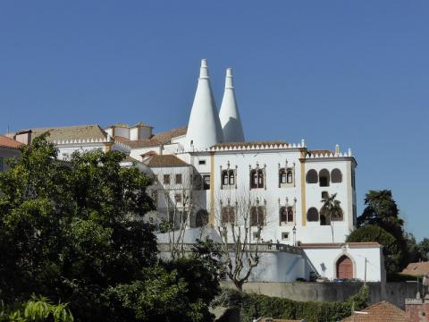 White palace with two conical towers and some trees