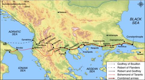 map of the Balkans showing Bohemond's route to Constantinople