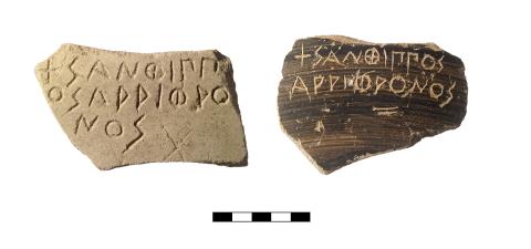 Two small pottery fragments serving as Ostraka, the first with three rows of Greek text, the second with two rows of Greek text.