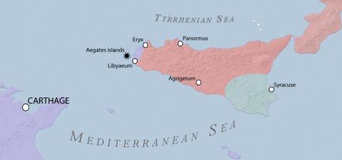 Carthaginian and Roman territories in Sicily at the end of the First Punic War. 