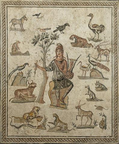 Orpheus (center) sits on a rock under a tree. He holds his lyre in his left hand. His right arm is extended and he holds the plectrum in his right hand. Various animals (including a tortoise, bull, peacock, tiger, and deer) surround him listening attentively.