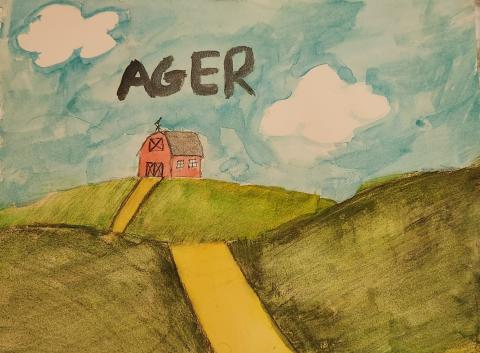A watercolor image of a dusty country road running between hills, leading to a red barn in the distance.