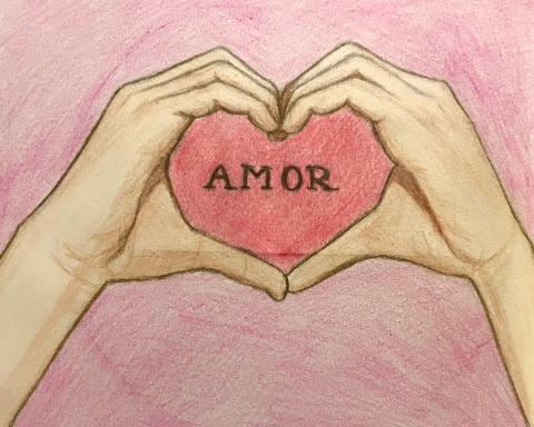 Drawing of two light-skinned hands and forearms on a pink background. The hands form the shape of a heart inside which the background deepens to red and the word "amor" is written.