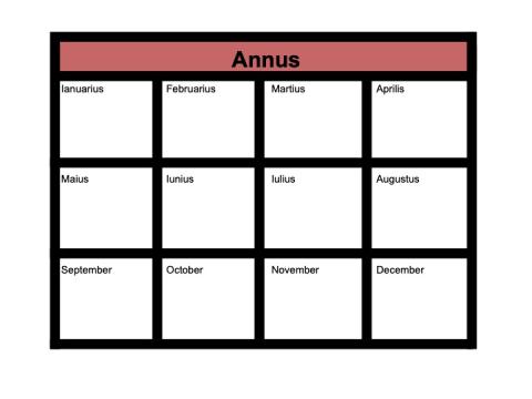 Image of calendar page. In the header, instead of the month, is the word "annus." Below, is 3 x 4 grid, each square is filled by the name of one of the months of the Julian calendar.