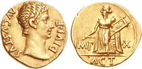 Gold coin with profile of Augustus on the obverse and Apollo holding a plectrum in his right hand and lyre in his left on the reverse