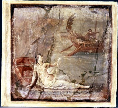 Araidne (foreground center) lies on a mattress or pallet with a pillow as backrest. She supports herself on her right arm while raising her left, in which she holds a length of the cloth covering her, toward a ship sailing away in the background. In the stern of the ship the steersman points to the right away from Ariadne.