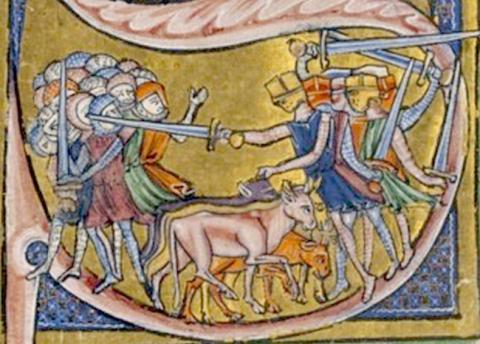 manuscript miniature with crusaders and livestock