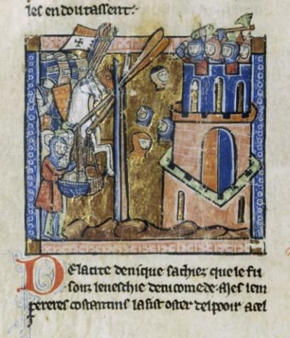 manuscript illumination with crusaders firing Turkish heads into the city