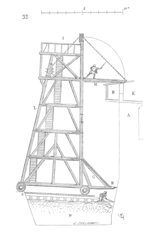 a drawing of a medieval siege tower (belfry)