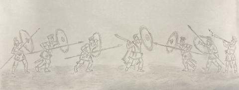 Pencil sketch of a battle scene. Four soldiers advance from the left. The three farthest left are armed with shields and spears while the fourth raises a shield and sword. They attack three other soldiers, two of whom raise their own shields and spears while the third sounds a trumpet. Musical notes hover in the air in front of it. 