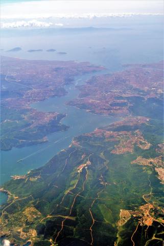 an aerial view of the Bosphorus, looking south toward the Sea of Marmara