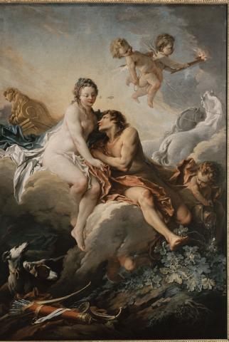 Nude young woman seated on a rock with a young man, also nude, surrounded by tools of hunting and a chariot and cupids in the air
