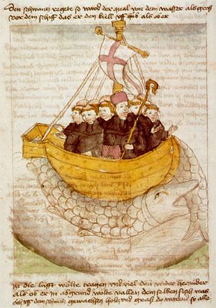 manuscript illustration of Brendan and his boat on top of a whale