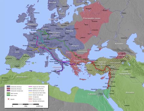 a map showing the main routes of the crusaders