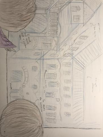 The back of two individual's heads are visible as they look at a drawing of a four-story building with abutted by a two-story building with rooftop patio and colonnade on the ground floor. The individual on the right says, "So that's the consilium." The individual on the left points to a blank section of wall on the ground floor of the four-story building, where it meets the two-story building in a right angle saying, "I think you should put a window here." The person on the left replies, "Maybe..."