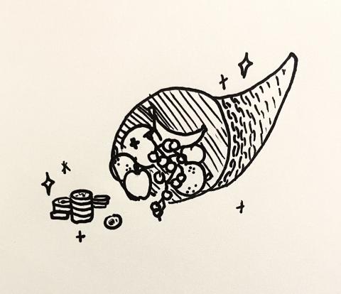 Black ink drawing of a fruit-filled cornucopia with a pile of coins sitting in front of it.
