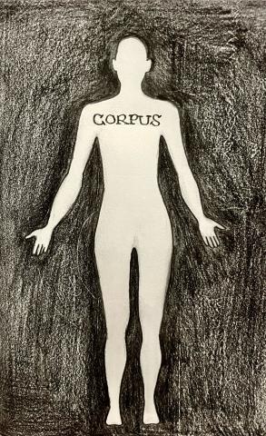 A piece of paper has been shaded in with black, leaving a blank space in the outline of a human figure. Across the upper torso of the figure is written the word "corpus."