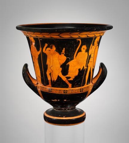Red-figure calyx krater. Center: Cadmus dressed in a chiton and cloak flees left, turning his head back to look at a seated woman wearing a peplos and hair covering. Next to her is a snake. rising to strike. Cadmus holds an amphora in his left hand and raises his right, preparing to throw a rock. Athena stands behind Cadmus at far left, wearing her helmet and carrying a spear in her left hand. Behind the woman is Ares, armored, helmeted, carrying a spear in his right hand and shield in his left.