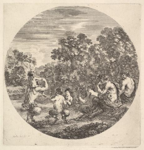 Drawing of two satyrs and a faun seated to right watching two child satyrs