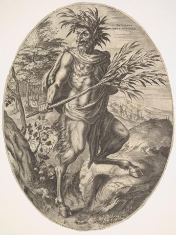 Engraving showing a man with goat legs carrying a branch