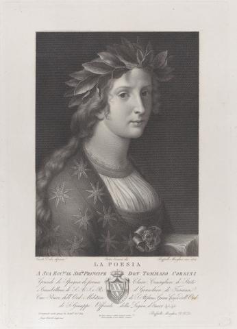 drawing of young woman in a fancy dress with laurel crown