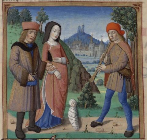 four figures in Renaissance dress in a landscape, swaddled baby on ground, woman standing behind, father at left, poet at right playing a wind instrument