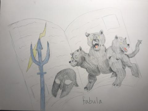 Image of an open book with illegible writing. Superimposed over the book are drawings of (left to right) a trident and lightning bolt, a hoplite's helmet, and a three-headed Cerberus.