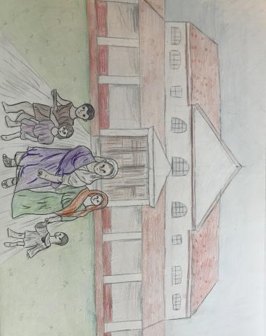 Drawing of a family standing in front of a two-story colonnaded villa. The father stands center-front on a path leading up to the villa's entrance. He wears a purple toga and his head is covered. Next to him (far left) stands his son and (center-left) daughter. To the right of him stands his wife (center-right) in a green gown; she also has her head covered by a red palla. She holds the hand of another young child (far right).