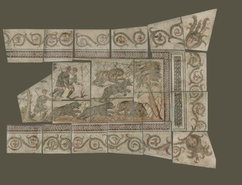 The figures of three hunters are preserved, and one of them has his name, Lucius, inscribed above his head. The arm of another hunter is preserved along the left edge, along with his name, Minus. The hunters are driving four bears into a net; a fifth has already been captured. The net is set in a semi-circle and tied to trees at the right and left edges of the scene. 