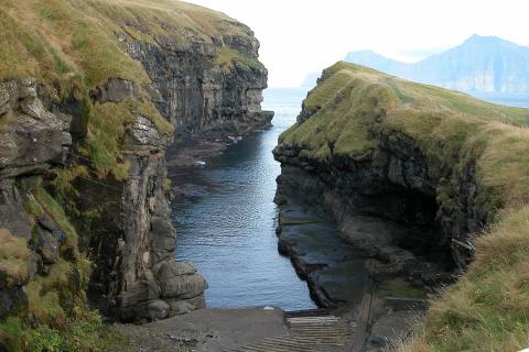 the narrow gorge (fjord) at Gjógv, on the island of Eysturoy, Faroes