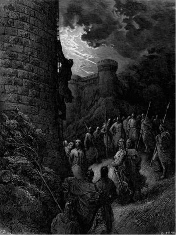 a crusader climbs into Firuz's tower