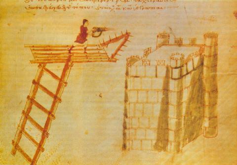 a hand-siphon and siege tower