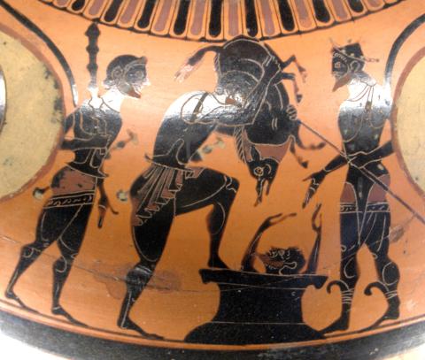 Herakles (center left) holds the Erymanthian Boar snout down over a large amphora in which Eurystheus (center right) is hiding. Iolaos (left) stands behind Herakles resting his club on his right shoulder. Hermes (right) stands on the opposite side of the amphora gesturing down toward Eurystheus with his right hand