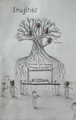 Pencil sketch of  a tree with branches twisting out from the trunk and a sprawling root system. The tree branches are decorated with pictures of masks. Written among the roots is "Remember your ancestors." In the foreground, in front of the roots, is a funeral procession with the deceased carried on a bier past a crowd of mourners, two of whom are labeled "imagines" and wear masks. A  flute player walks alongside the bier. A single mourner stands in the bottom right corner with tears on his face.