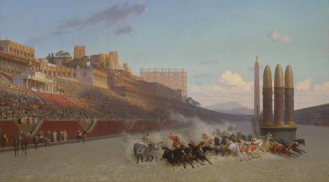 huge crowd watches 6 four-horse teams careen around the turning post in the Circus Maximus