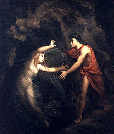Eurydice (left) and Orpheus (right) reach for each other as she is pulled back into the underworld. Her arms are raised over her head and her body is bowed as she strains toward Orpheus; her dress blows toward Orpheus with the speed of her movement. 