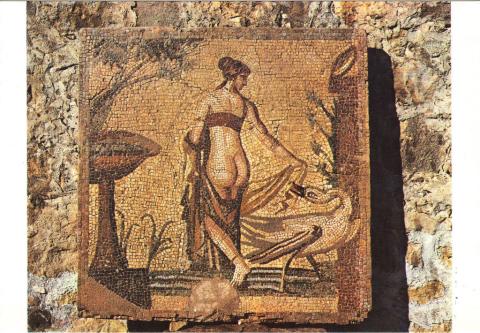 Leda stands with her back to the viewer. She is in a garden, a fountain or birdbath to her left, to her right a swan turning its head to look back over its shoulder at Leda. Leda wears a breastband, but her dress or wrap has fallen down revealing her buttocks. She holds one end of the garment in her right hand, the rest is draped over her left arm. Her head is turned and she looks down toward the swan.