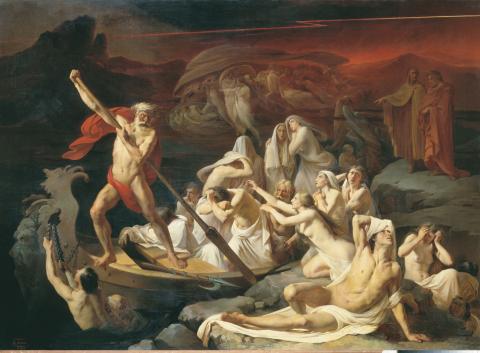 Charon (foreground left) pushes his boat off the banks of the Styx to ferry a group of souls to the underworld. On the embankment (foreground right) more souls beg to be allowed onto the boat, while two souls cling to the anchor chain on the prow of the boat. On a outcropping of rock (background right) Vergil and Dante watch the scene.  