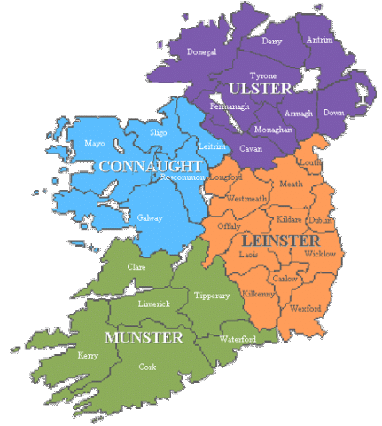 a map showing the four traditional provinces of Ireland