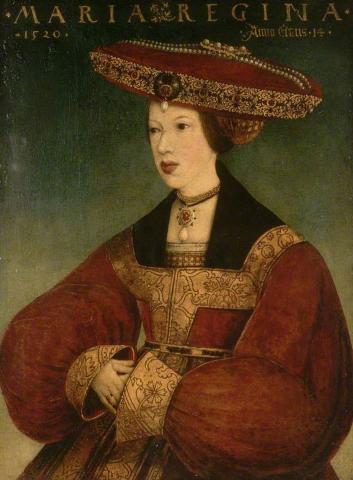 Regally dressed young woman with a large flat hat, hands together tucked in large sleeves.