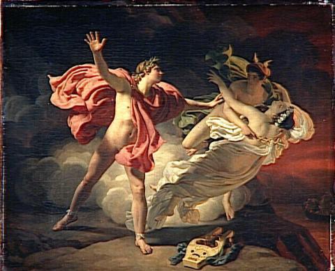 Orpheus (left) naked except for a cloak, rushes towards Eurydice (foreground right) who falls into Mercury's arms (background right) to Hell. Orpheus' left hand is outstretched toward Eurydice, barely grazing her arm. His right hand is raised, palm toward the viewer in denial or supplication. Mercury is mostly obscured by shadow, identified by his winged helmet. A lyre lies on the ground at at Eurydice's feet.