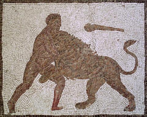 Hercules (left) grapples with the Nemean lion (right). The lion rears up on his hind legs while Heracles wraps his right arm around the lion's muzzle. Heracles' club lies abandoned above the lion.